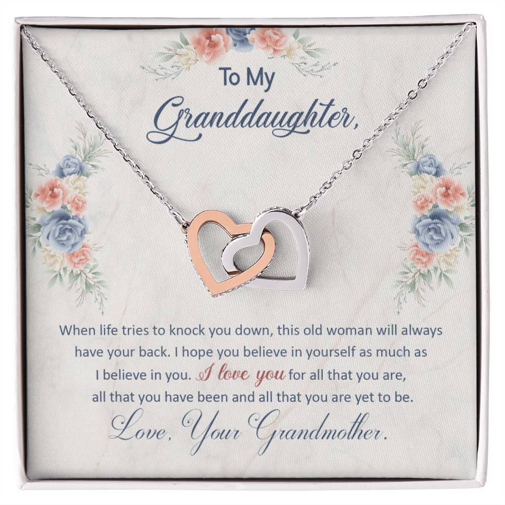 Interlocking Hearts Necklace—To my granddaughter, this old woman will always have your back
